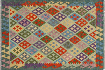 Flat Weave Kilim, Antique, Navaho, Vintage, Handmade, Geometric Kilim Blue Green Hand-Woven Rectangle 100% Wool Area Rug 3 x 5